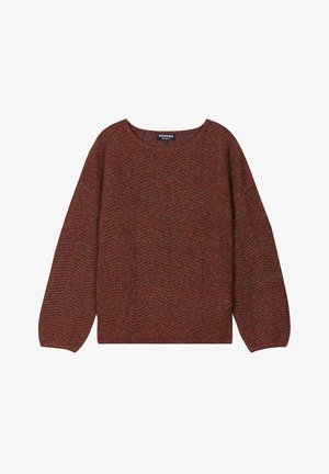 Suéter de punto color óxido con un ajuste holgado, mangas anchas y un patrón en chevron texturizado. Cuello redondo y detalles de dobladillo acanalados.