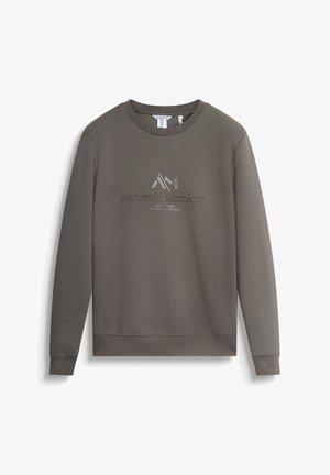 Sudadera gris hecha de tela suave, con cuello redondo, mangas largas y un estampado de logo texturizado en la parte frontal.