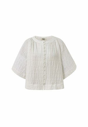 Lightweight, white quilted top with a round neckline, short sleeves, and front button closure. Textured fabric with subtle grid pattern.