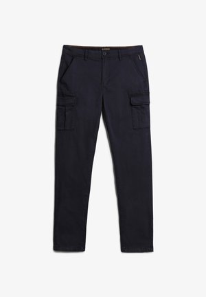 Navy Cargo-Hosen aus leichtem Stoff mit schmaler Passform, ausgestattet mit zwei großen Seitentaschen und genähten Details. Flacher Bund mit Knopfverschluss.