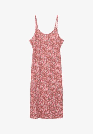 Bawełniana sukienka bez rękawów w kolorze rdzy, z kwiatowym wzorem różowych i niebieskich kwiatów. Sylwetka w kształcie litery A, długość do kolan, z regulowanymi ramiączkami.