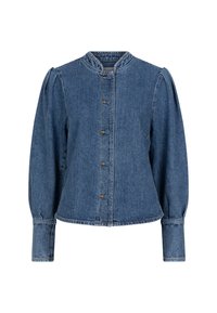 Jeansjack met een ronde halslijn, opgeblazen lange mouwen, centrale knoopsluiting en contrasterende stiksels op een middelblauwe stof.