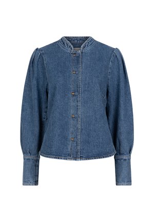 Denim jacket with a round neckline, puffed long sleeves, central button closure, and contrasting stitching on a medium blue fabric.