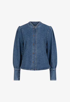 Jeansjack met een ronde halslijn, opgeblazen lange mouwen, centrale knoopsluiting en contrasterende stiksels op een middelblauwe stof.