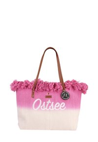 Sac fourre-tout rose et crème avec un bord supérieur effiloché, des poignées marron, une étiquette "Ostsee" et un détail en métal rond. Fabriqué en tissu tissé.