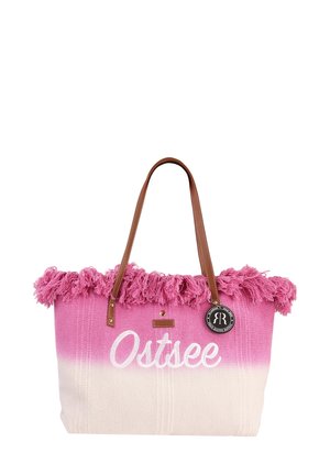 Sac fourre-tout rose et crème avec un bord supérieur effiloché, des poignées marron, une étiquette "Ostsee" et un détail en métal rond. Fabriqué en tissu tissé.