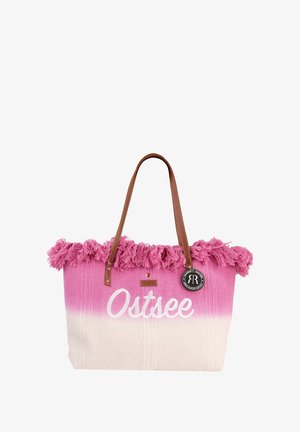 Sac fourre-tout rose et crème avec un bord supérieur effiloché, des poignées marron, une étiquette "Ostsee" et un détail en métal rond. Fabriqué en tissu tissé.
