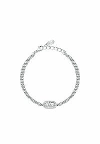 Bracciale in argento con ciondolo rettangolare con logo, accentuato da piccoli cristalli trasparenti, maglie testurizzate e chiusura a moschettone.