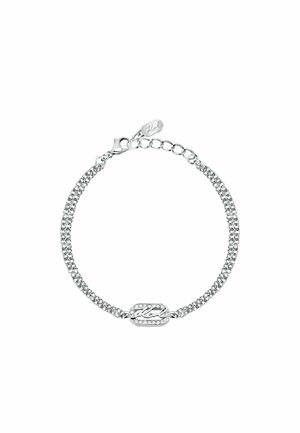 Silberne Kettenarmband mit einem rechteckigen Anhänger mit Logo, verziert mit kleinen klaren Kristallen, strukturierten Gliedern und einem Verschluss.