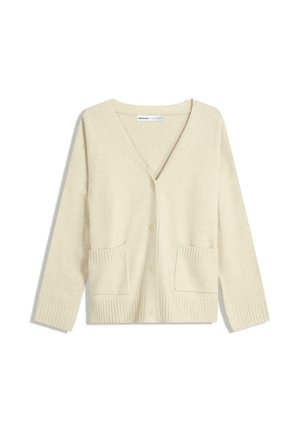Light beige cardigan made of soft knit material, featuring a V-neck, long sleeves, ribbed cuffs, and two front pockets with a button closure.