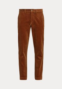 Braune Cordhose mit Knopf- und Reißverschluss vorne, Gürtelschlaufen und geradem Bein auf hellem Hintergrund.