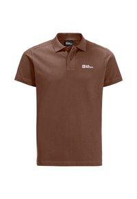Polo marrone in cotone, con colletto e maniche corte. La parte anteriore sinistra del petto presenta un logo bianco con testo.