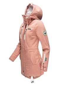 Longue veste à capuche rose avec poches zippées sur la poitrine et les manches, patch sur le bras et cordons à la capuche et à l'ourlet.
