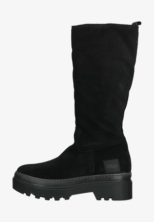Black knee-high boots made of suede, featuring a chunky rubber sole, stitched detailing, and a small logo patch on the heel.