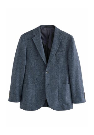 Blazer texturat albastru cu rever tip notch, închidere cu un singur nasture și două buzunare frontale. Prezintă o căptușeală interioară închisă la culoare și un model subtil.