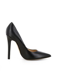 Scarpa nera in pelle con tacco alto e punta affusolata, superficie elegante e tacco a stiletto. Presenta una finitura liscia e dettagli di cucitura minimi.