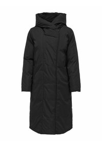 Černý vycpaný kabát s vysokým, strukturovaným límcem, dlouhými rukávy a délkou po kolena. Obsahuje skrytý přední zip a minimalistický design.