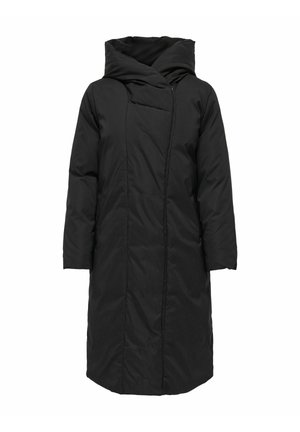 Must küllastatud mantel koos kõrge, struktureeritud kraega, pikad varrukad ja põlvepikkune ääre. Omab varjatud esist zipperit ja minimalistlikku disaini.
