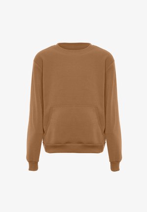 Bruine sweatshirt met lange mouwen, ronde hals, ribgebreide manchetten en onderkant, en een voorste kangoeroezak. Gladde textuur en casual ontwerp.
