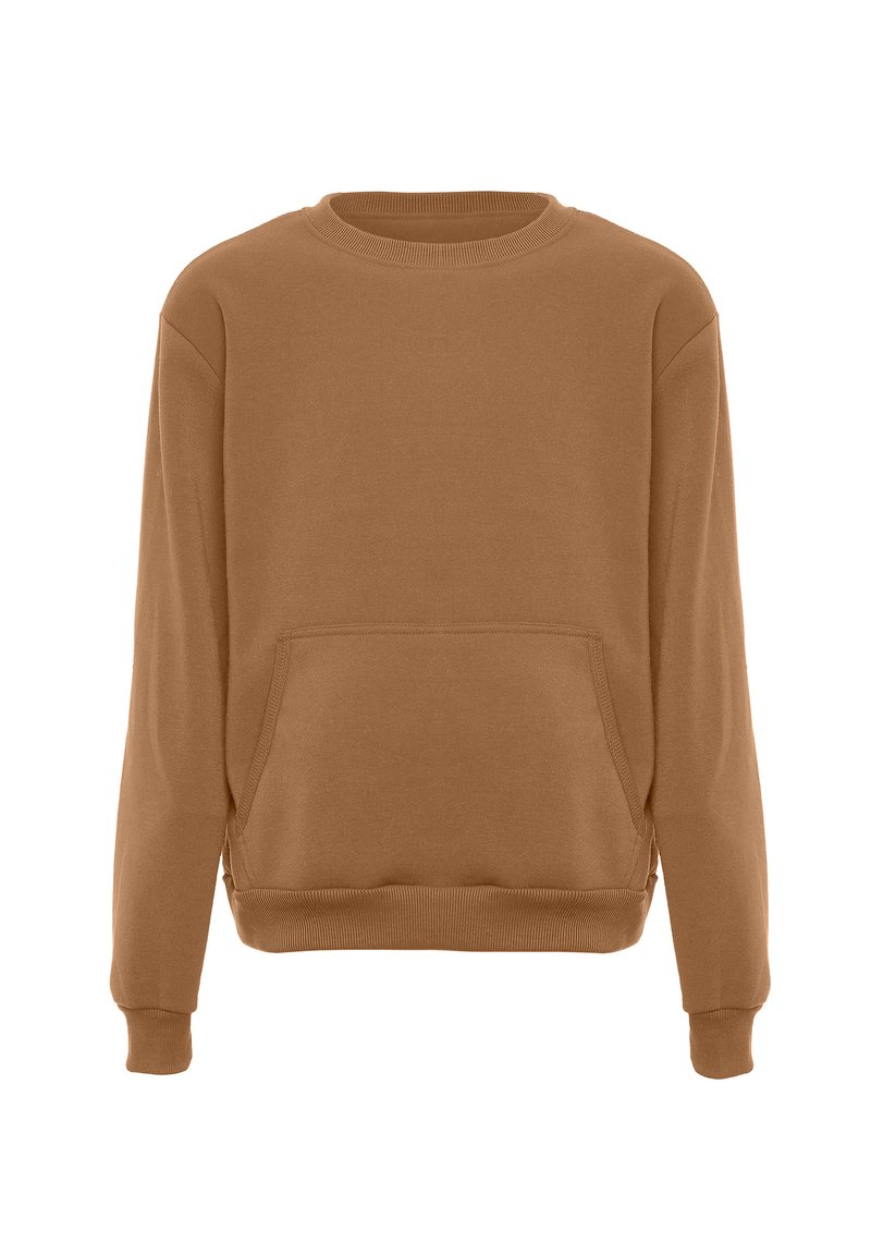 Bruine sweatshirt met lange mouwen, ronde hals, ribgebreide manchetten en onderkant, en een voorste kangoeroezak. Gladde textuur en casual ontwerp.