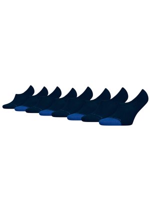 Pack mit sieben Paar knöchellangen Socken in dunklem Marineblau und Blau. Glatte Textur, einfarbig, mit verstärkten Fersen und Zehen.