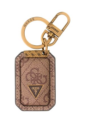 Brauner strukturierter Guess-Schlüsselanhänger mit goldenem Ring und Verschluss, mit Guess-Logo und gemustertem Rand auf einem rechteckigen Anhänger.
