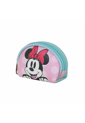 Pequeño bolso pastel azul y rosa con cremallera con la cara de Minnie Mouse, lazo rojo y fondo de lunares rosa claro.
