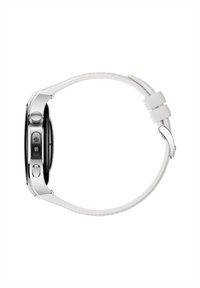 Smartwatch mit einem schwarzen runden Zifferblatt, einem silbernen Metallgehäuse und einem weißen Lederarmband. Verfügt über zwei seitliche Tasten und eine strukturierte Krone.