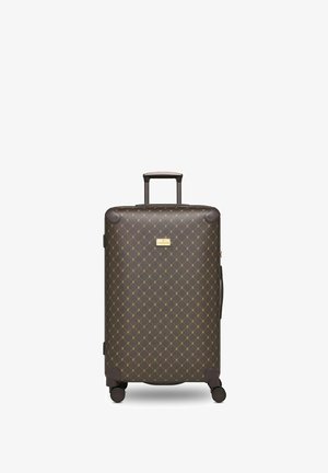 Maleta rígida de color marrón con un patrón de diamantes dorados. Cuenta con un asa telescópica, cuatro ruedas y una placa de la marca dorada.