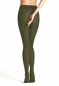 Leggings verde oliva realizzati in un tessuto liscio ed elasticizzato, con una cintura senza cuciture e un design aderente che si adatta alle gambe.