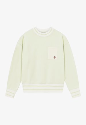 Light green sweatshirt made of soft fabric, featuring a round neckline, ribbed cuffs, and a small white patch pocket with a tree design.