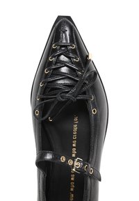 Black leather shoe with a pointed toe, featuring gold eyelets and laces, and an ankle strap with a buckle. Smooth texture overall.