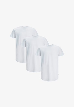 Drei schlichte weiße T-Shirts mit kurzen Ärmeln, die in einer versetzten Anordnung präsentiert werden. Sie bestehen aus glattem Baumwollstoff und haben Rundhalsausschnitte.