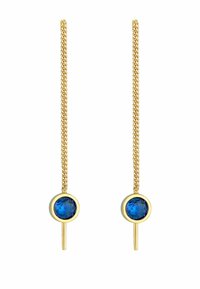 Goldohrringe mit runden blauen Edelsteinen und einem eleganten Stangendesign. Die Ketten sind schlank und kunstvoll verwoben für eine interessante Textur.