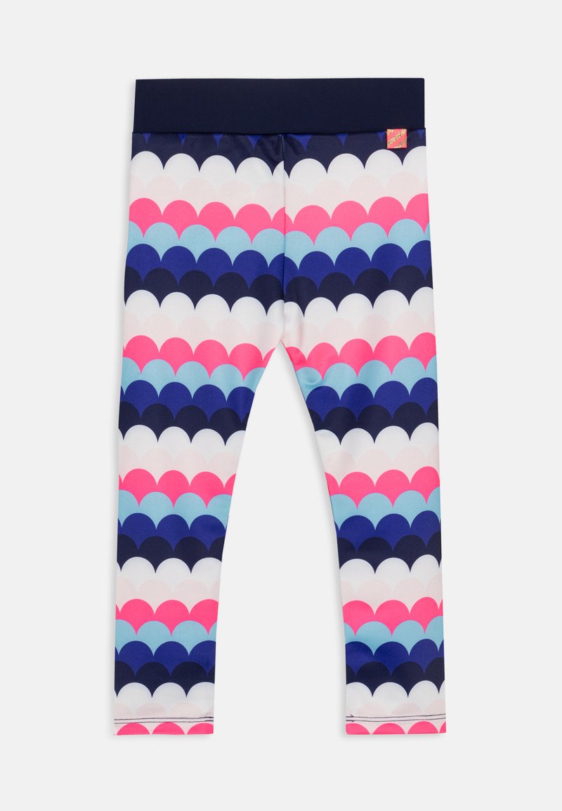 Des leggings avec une taille élastique bleu marine, présentant un motif en vagues colorées dans des teintes de rose, bleu et blanc sur un fond sombre.