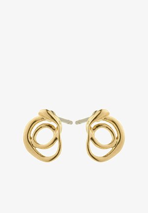 Gouden metalen studoren met een cirkelvormig, gedraaid ontwerp en een open midden. Gladde textuur met een gepolijste afwerking.