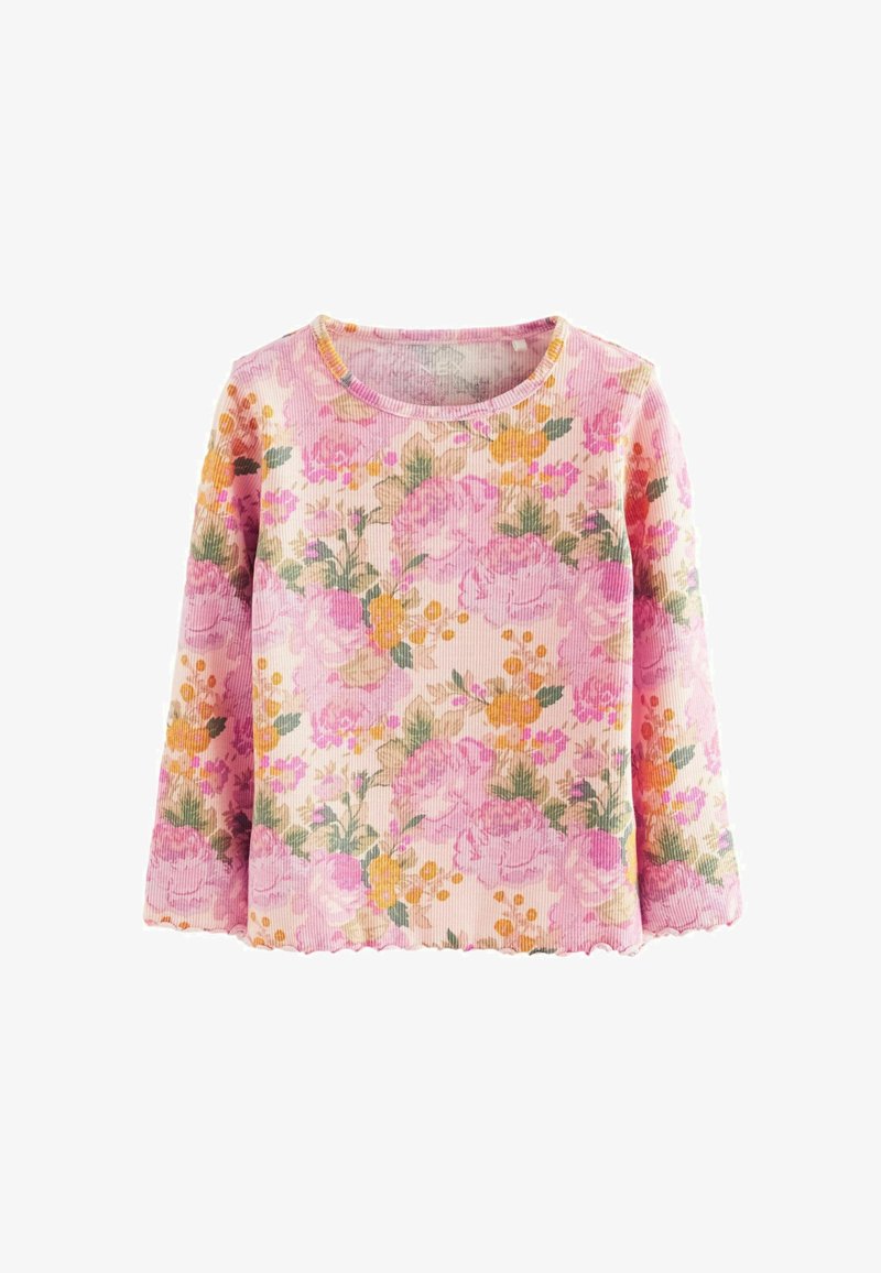 Ružičasta rebrasta majica dugih rukava sa cvjetnim uzorkom u žutoj i zelenoj boji. Valoviti rub i okrugli izrez. Mekana tekstura.