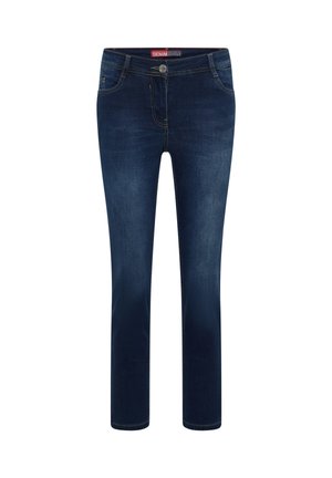 Jean en denim bleu foncé avec des détails délavés, bouton avant et poches, présentés sur un fond blanc.