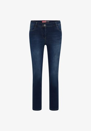 Dunkelblaue Denim-Jeans mit ausgewaschenen Details, Frontknopf und Taschen, vor einem weißen Hintergrund präsentiert.