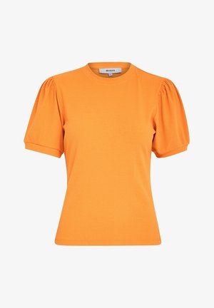 Orange ribbet kortærmet T-shirt med rund halsudskæring og puffede ærmer, der har en tætsiddende silhuet og en glat overflade.