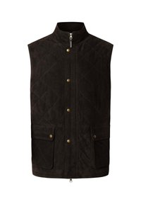 Gilet imbottito marrone con colletto alto, zip e chiusure a pressione. Presenta due tasche frontali con pattine e dettagli in ottone.