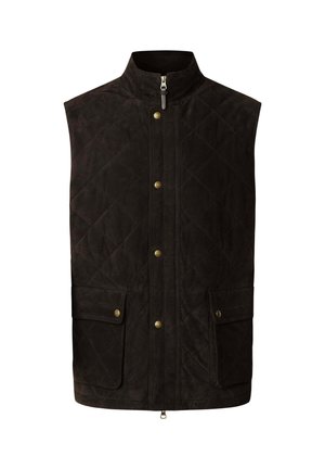 Bruine gewatteerde vest met hoge kraag, ritssluiting en drukknopen. Bevat twee voorzakken met kleppen en accenten van messing.