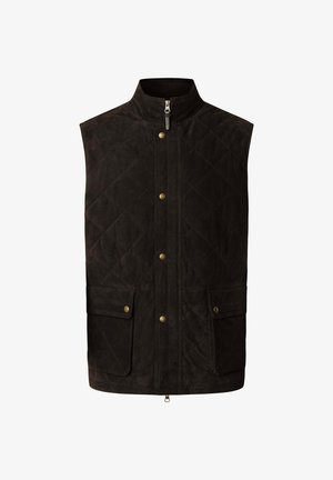 Bruine gewatteerde vest met hoge kraag, ritssluiting en drukknopen. Bevat twee voorzakken met kleppen en accenten van messing.