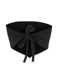 Svart bandeau-top med en vridd knute-detalj i midten. Laget av mykt materiale, har den en jevn tekstur og en tettsittende silhuett.