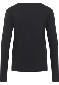 Schwarz langärmliges Shirt aus weicher Baumwolle. Mit rundem Halsausschnitt und einfacher Naht am Saum und an den Bündchen. Keine sichtbaren Muster oder Akzente.