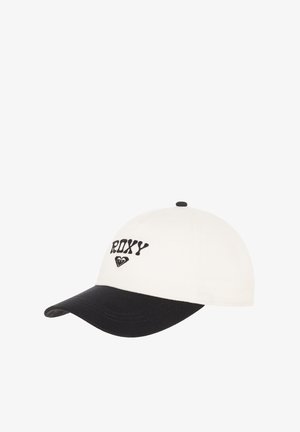 Witte en zwarte pet met geborduurd "ROXY" logo en hartontwerp. Heeft een gebogen rand en een textielmateriaal voor flexibiliteit en comfort.