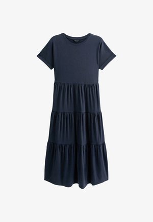 Navyblauwe katoenen jurk met korte mouwen, met een gelaagd ontwerp en een geplooid taille, biedt een losse pasvorm en een zachte textuur.