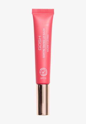 GOSH Soft'n Tinted Lip Balm in roze tube met geribbelde dop. Heeft een gouden basis. SPF 15 en logo voor allergieën zijn zichtbaar.