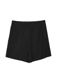 Schwarze Shorts aus Leinen mit glatter Textur. Verfügt über Seitennähte und zwei vertikale Falten vorne als Designdetails.