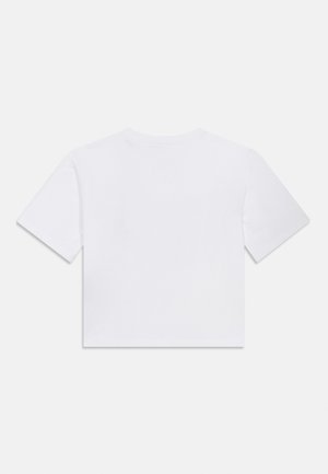 Weißes, kurz geschnittenes T-Shirt mit kurzen Ärmeln und rundem Ausschnitt, aus weichem Stoff. Auf der Rückseite keine sichtbaren Muster oder Marken.